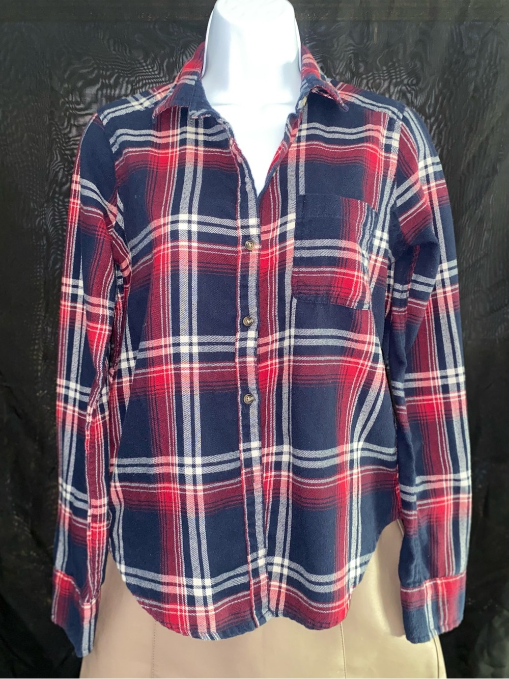 Hollister Red & Navy Plaid Button-Front Jean Jacket